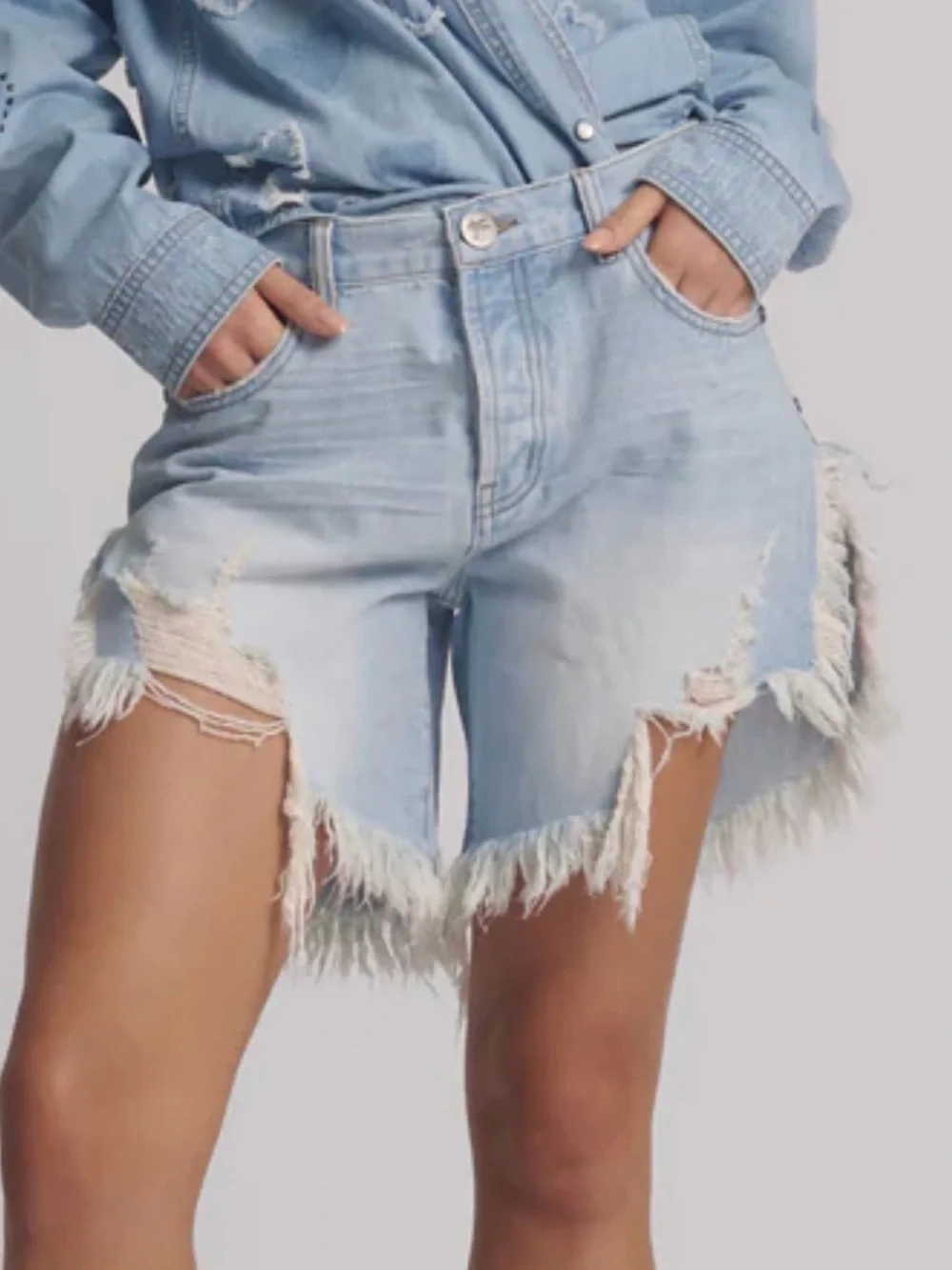 One Teaspoon Frankie Pale Blue Distressed V-Hem Denim Shorts
